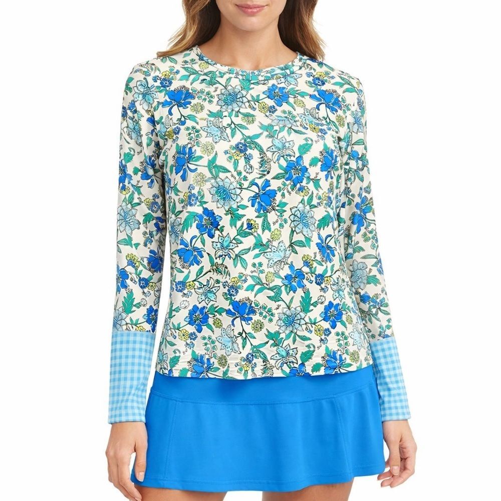 Lands’ End Floral Rash Guard Blue Gingham Cuff Swim Top SPF 50+ Size Large 14-16